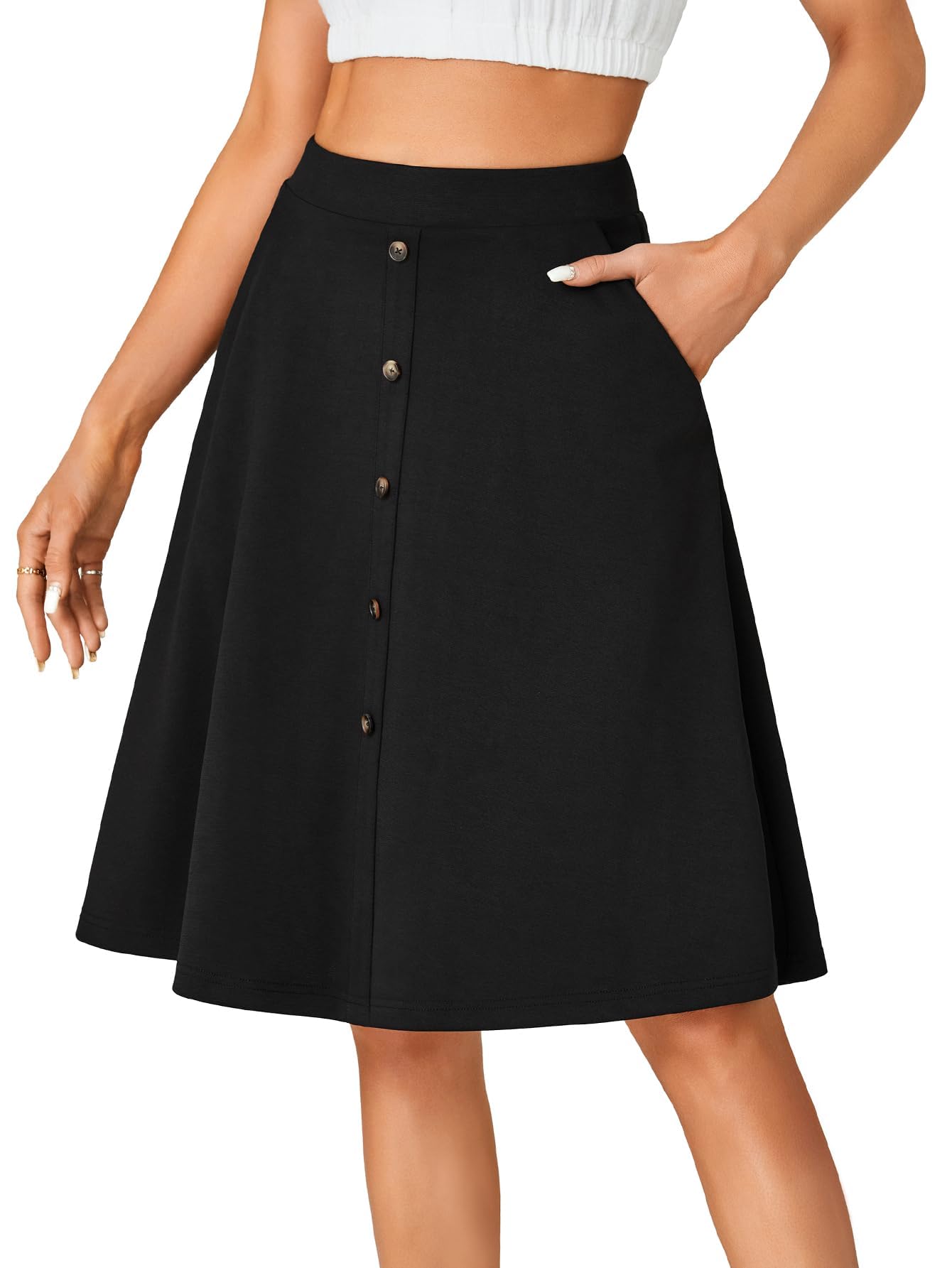 LYANER Womens Knee Length Casual Skirt Stretchy Button High Waist A-Line Flared Vintage Midi Skirts with Pocket
