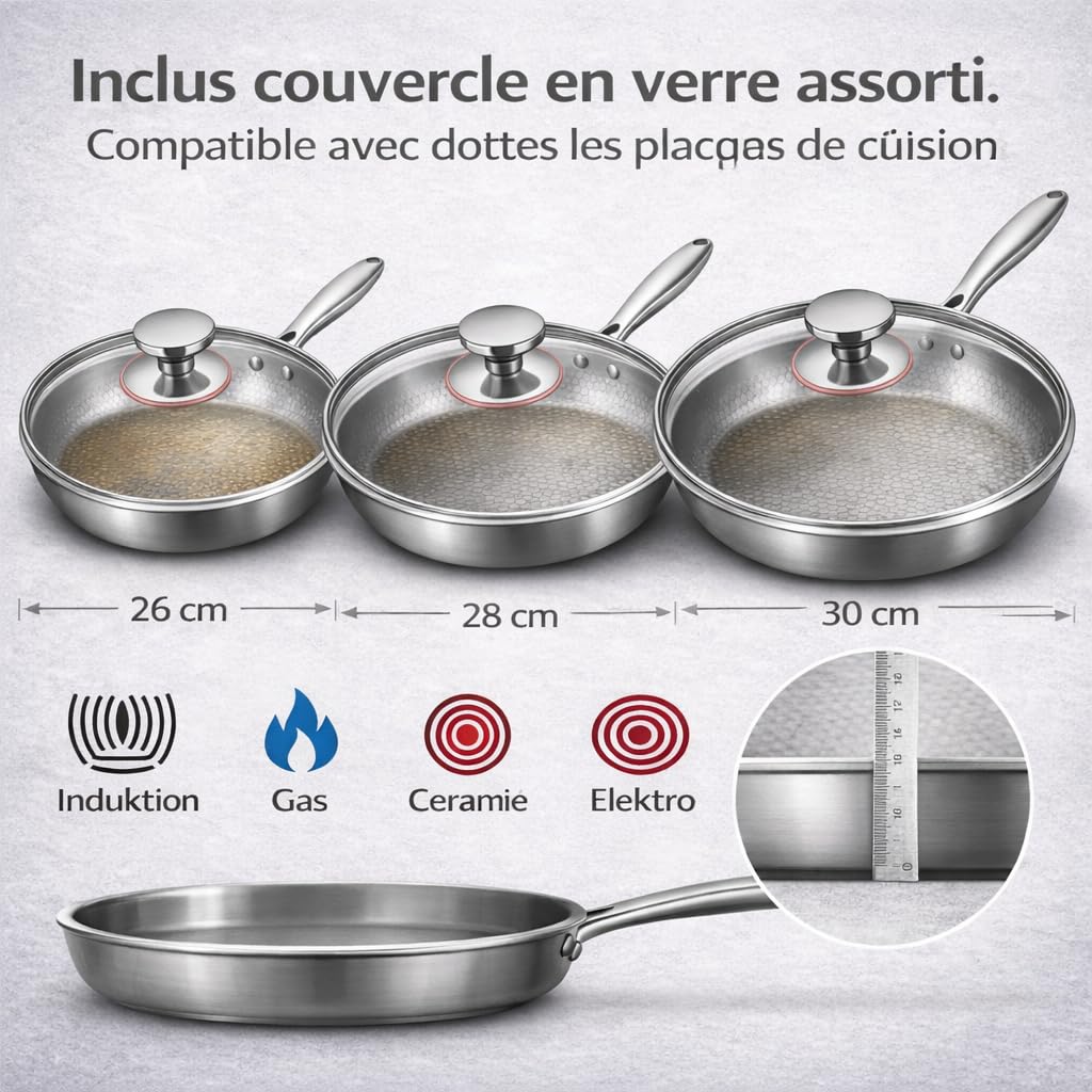 DZ'HUE Titanex - Poele Antiadherente Titane, Avec Spatule, Sans Revetement Chimique, Compatibles Induction, Gaz, Vitroceramique, Four (26cm,Without Lid)