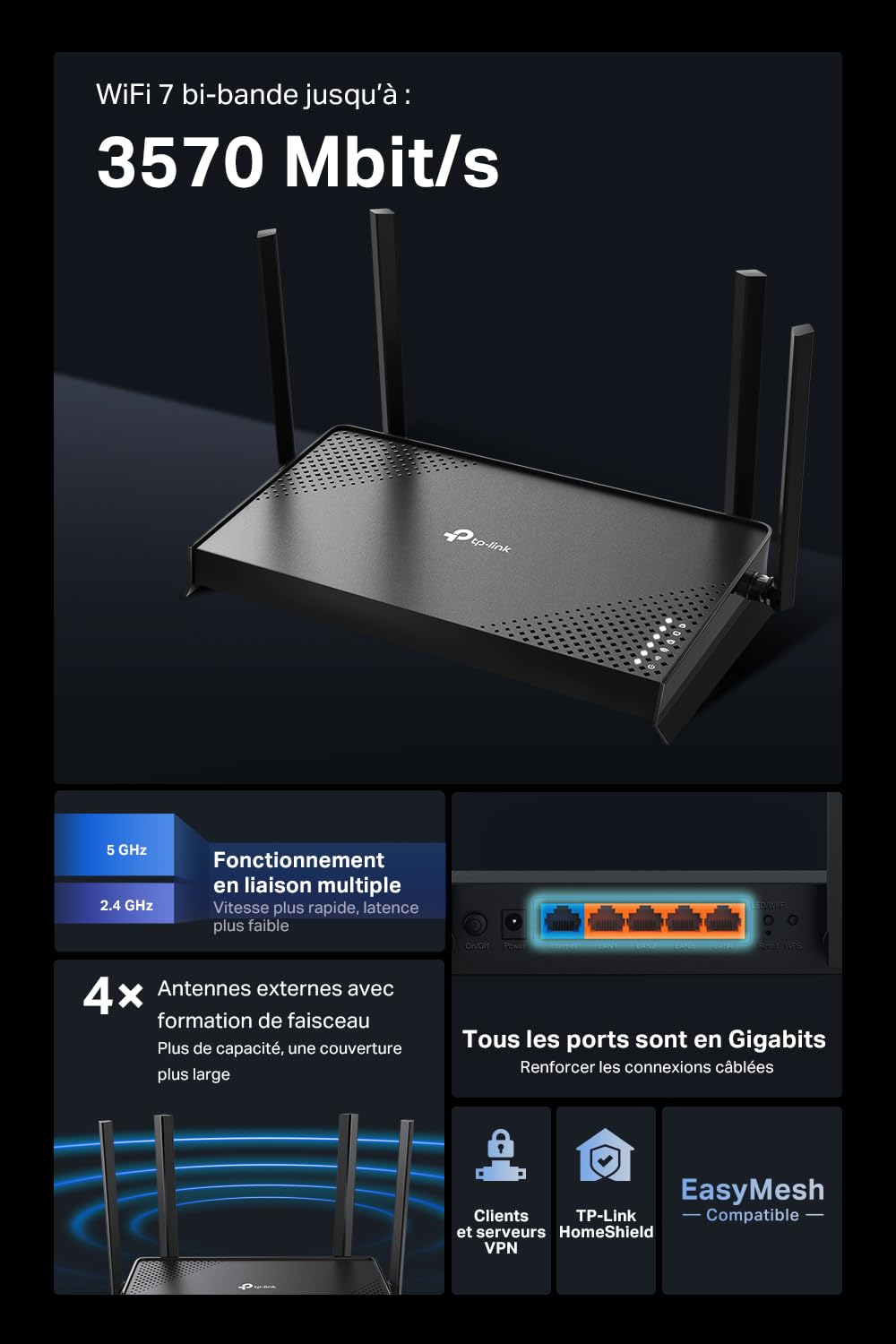TP-Link Archer BE220 WiFi 7 Router BE3600Mbps bi-Band 3.6 GB/s 5 Ports Gigabit 4 Antennes EasyMesh WPA3