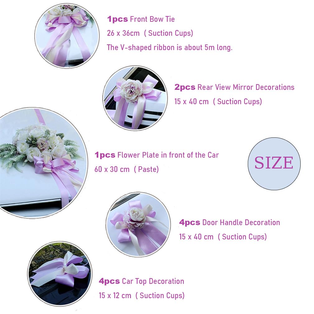 Autoschmuck Hochzeit Set Blume Hochzeitsdeko Autoschleifen Auto Blumenschmuck Hochzeitsschmuck mit Saugnäpfen Autodekoration Auto Schmuck Dekoration für Hochzeit Zeremonie Set 3#