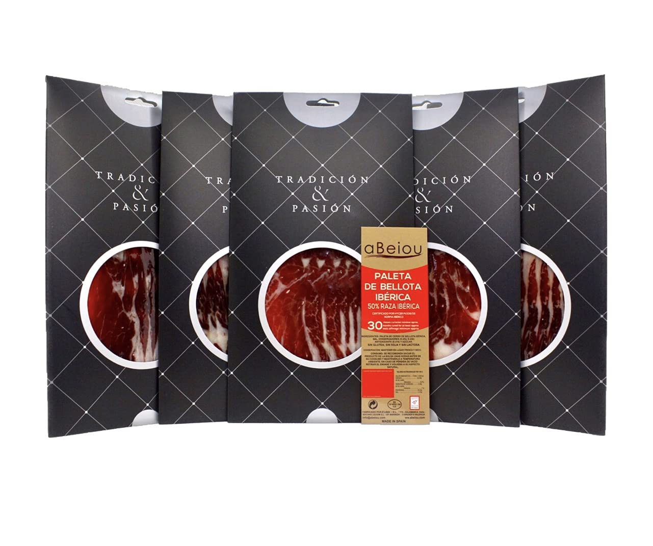 500gr SLICED Spanish BONELESS IBERICO HAM. Acorn-fed Shoulder. Jamon iberico Pata Negra. Vacuum Packed. Cured +30 Months in Guijuelo Salamanca. Hycer Warranty Certificate. Pack 5x100gr Cases.