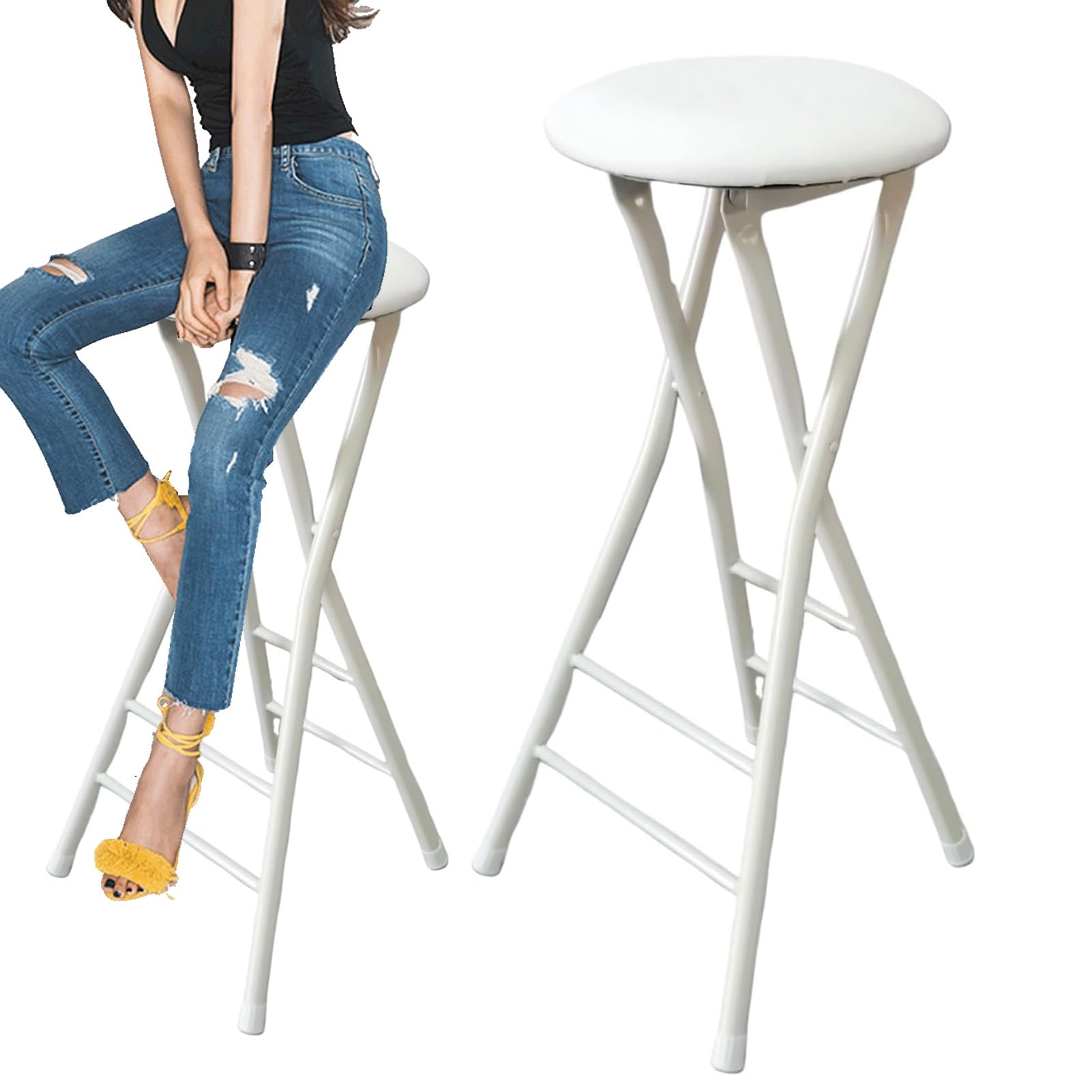 Taburete de bar alto plegable negro con reposapiés, capacidad de 300 libras, taburete redondo acolchado y plegable de alta resistencia, taburete de cocina