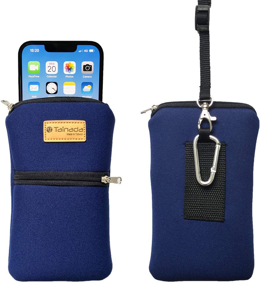 Image of Tainada Dual Zip Neck Cell Phone Pocket Pouch Case w /Belt Loop (Navy Blue) | For Men /Women; Water-resistant neoprene material, shockproof, lightweight, w /carabiner; Compatible with most of smartphones