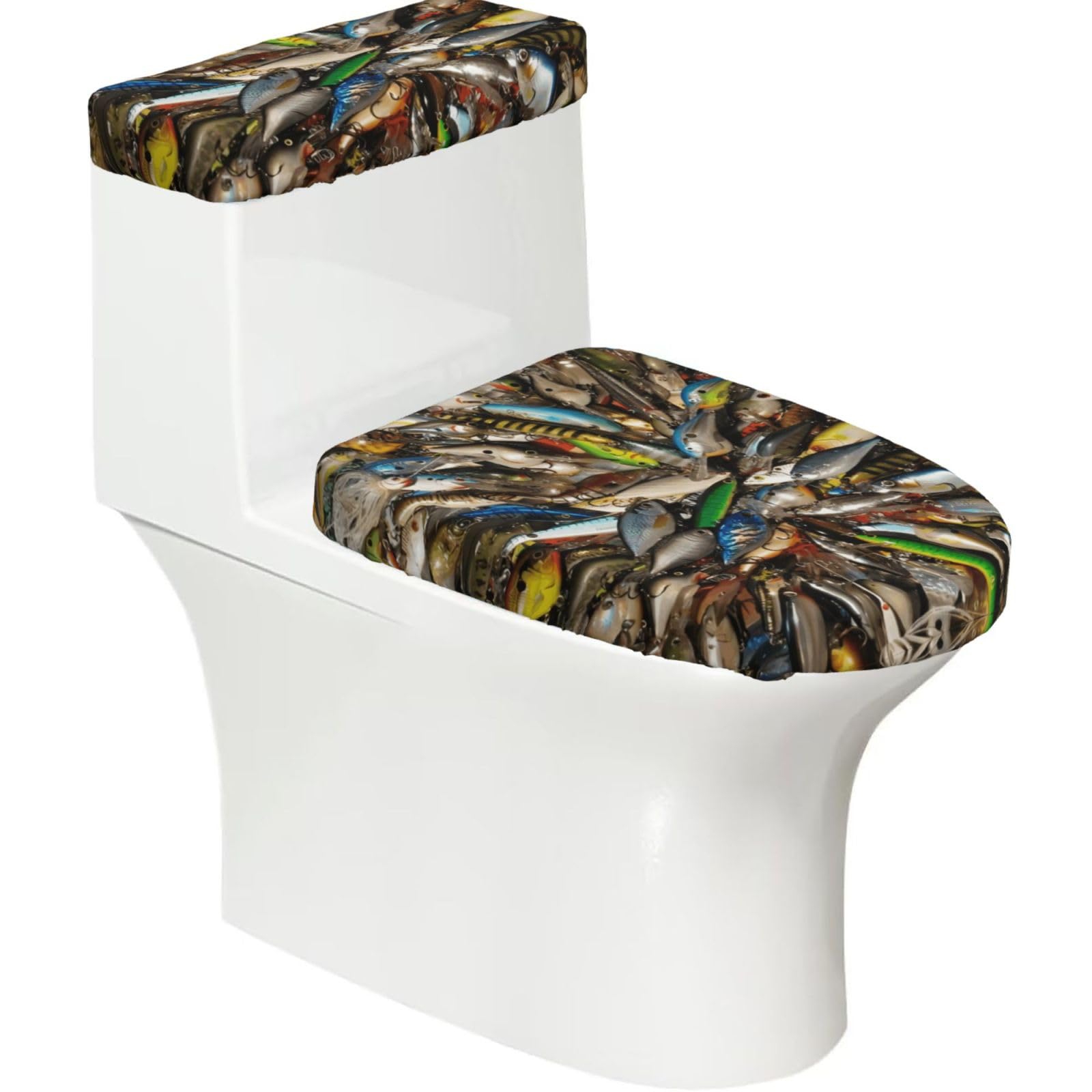 Fishing Bait 2-Piece Toilet Seat Cover Set with Tank Lid - Elastic for U-Shape & Elongated - Bathroom Decor