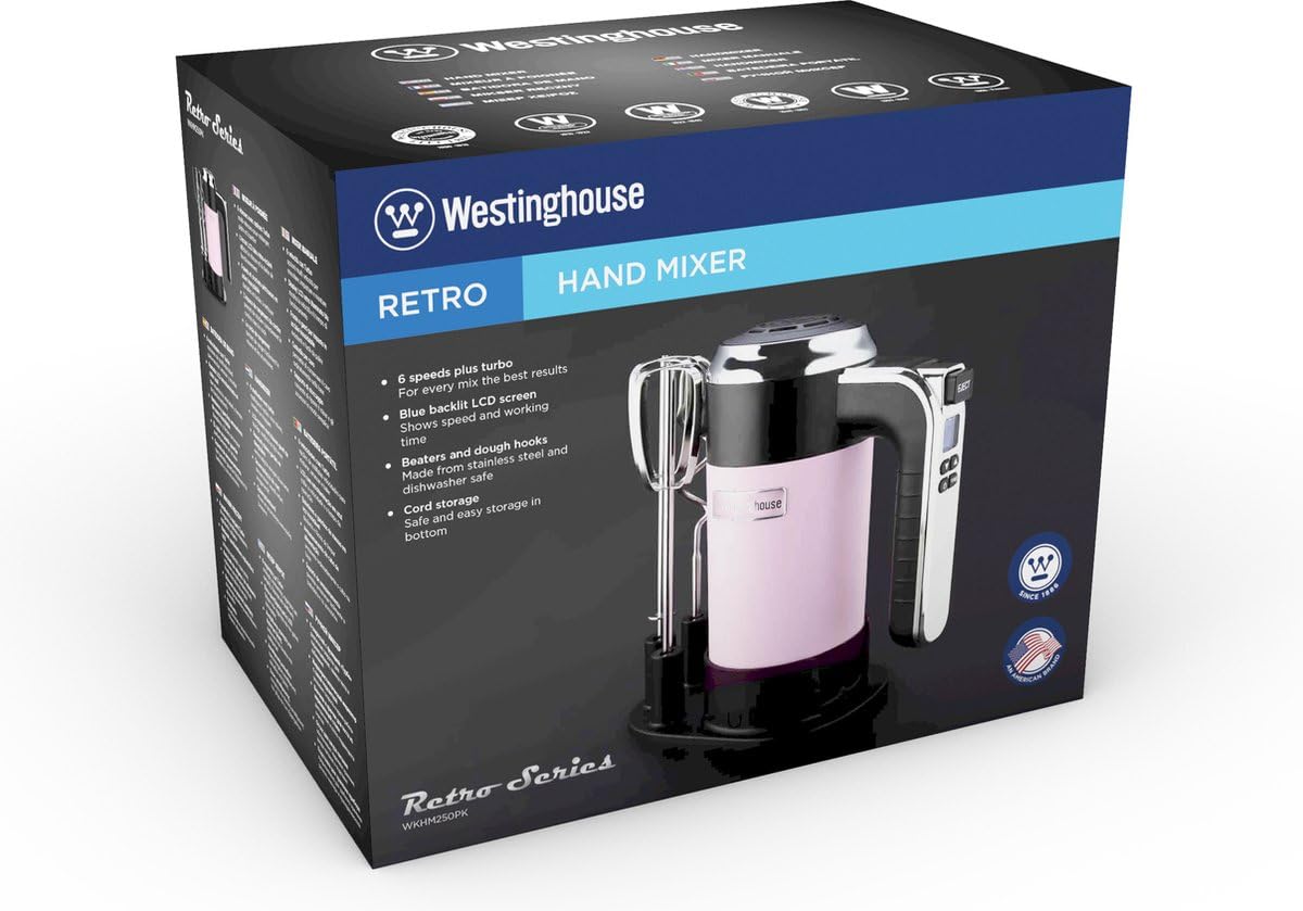 Mixeur Plongeant Rétro Westinghouse – 350 W, 6 Vitesses + Turbo, Fouets Et Crochets, Bleu