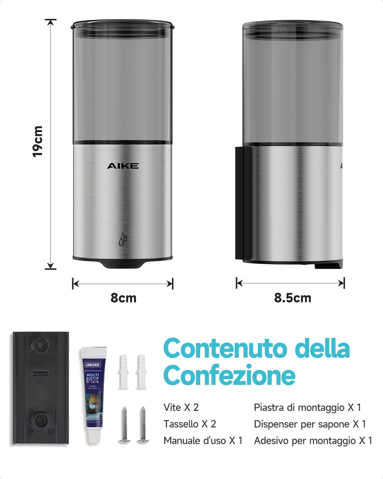AIKE Dispenser Sapone Automatico, 400ML Liquido a Parete, IPX7 Impermeabile | Acciaio Inox Spazzolato, Sensore Touchless, 5 Livelli Volume, Montaggio Senza Fori, Doppio Montaggio, Facile Ricarica