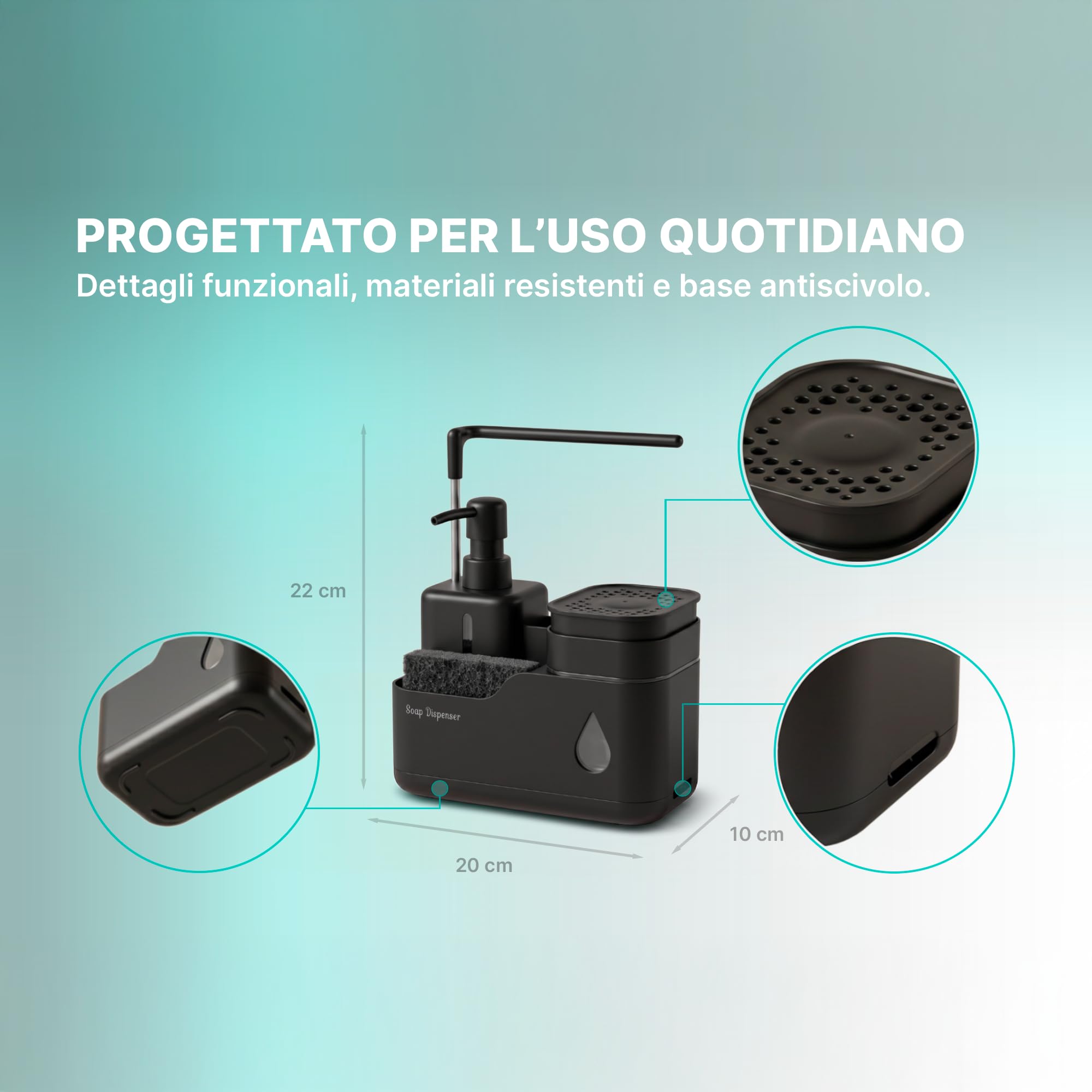 Dispenser Sapone Cucina, Dispenser Sapone Piatti 5 In 1 Con Click Con Porta Spugna, Porta Panno, Porta Spazzola E Dispenser Sapone Mani | Set Lavello
