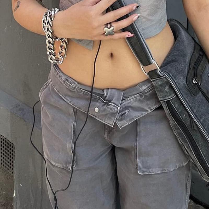 Low Waisted Grunge Jeans with Pockets for Women Alternative Star Print Vintage Straight Leg Pants Aesthetic Streetwear