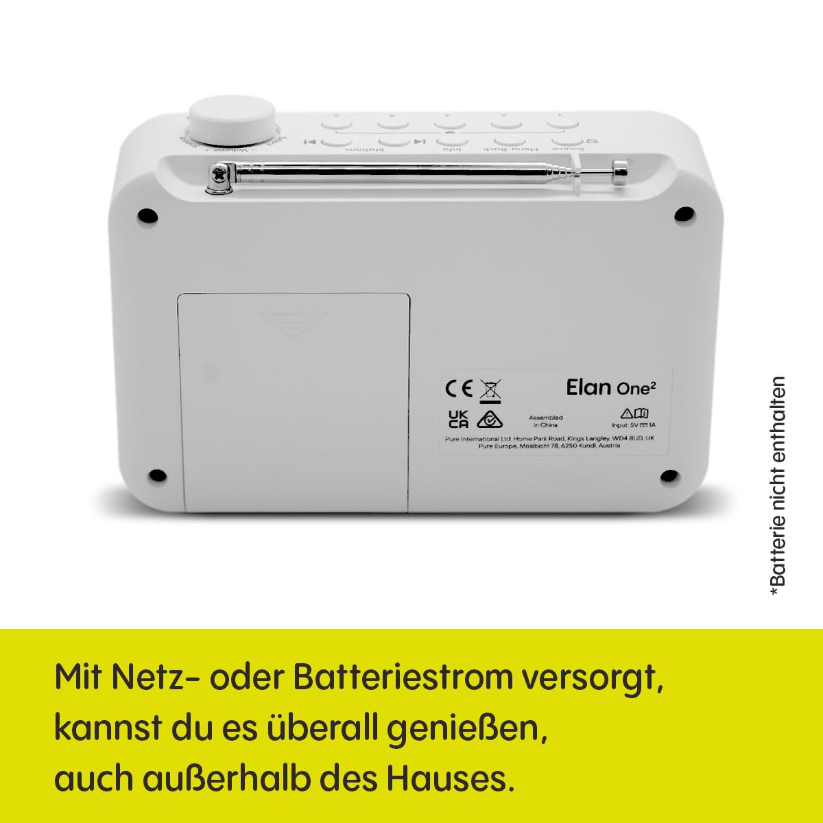 Pure Elan One2 tragbares DAB+/FM Radio mit Bluetooth 5.1 (LCD-Display, 10 Speichertasten, Batteriebetrieb mit 4xAA möglich) Cotton Weiß