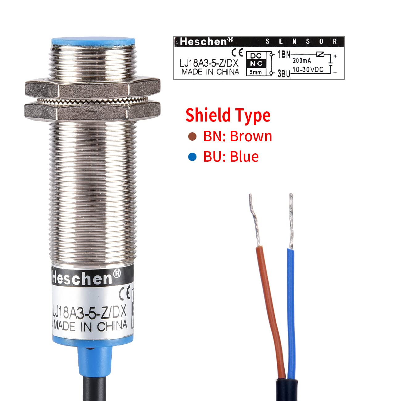 Produktbild von Heschen M18 Induktiver Näherungssensor – LJ18A3-5-Z/DX, 5 Mm Abstand, NC, 10–30 V DC, 200 MA, IP67, 2-Draht