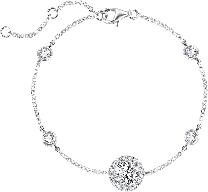 AGVANA Sterling Silver Cubic Zirconia Bracelet for Women Round Halo CZ