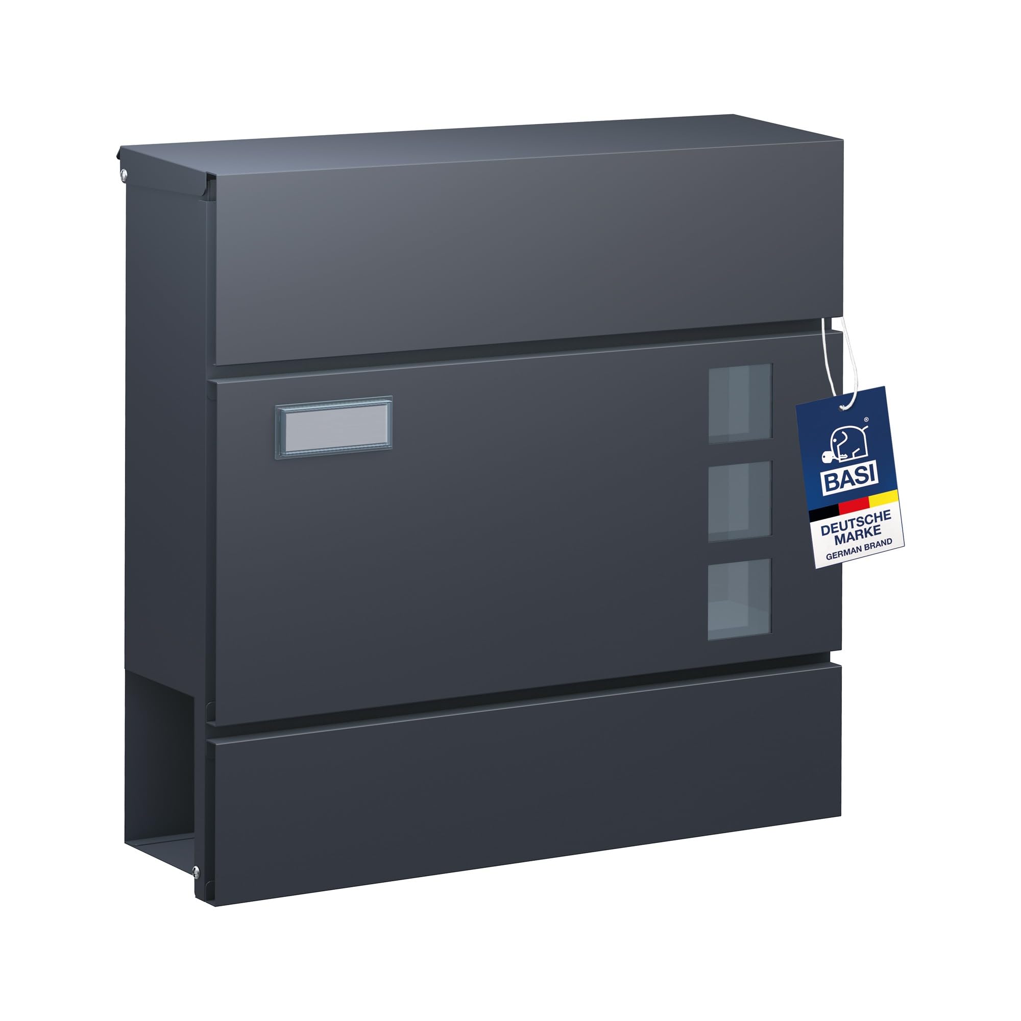 BASI | Briefkasten mit Softclose Klappe, Sichtfenster & Namensschild | DIN A4 Einwurf | inkl. 2 Schlüssel | integriertes Zeitungsfach | H37 x B37 x T10,4 cm | anthrazit | Wandbriefkasten Postkasten
