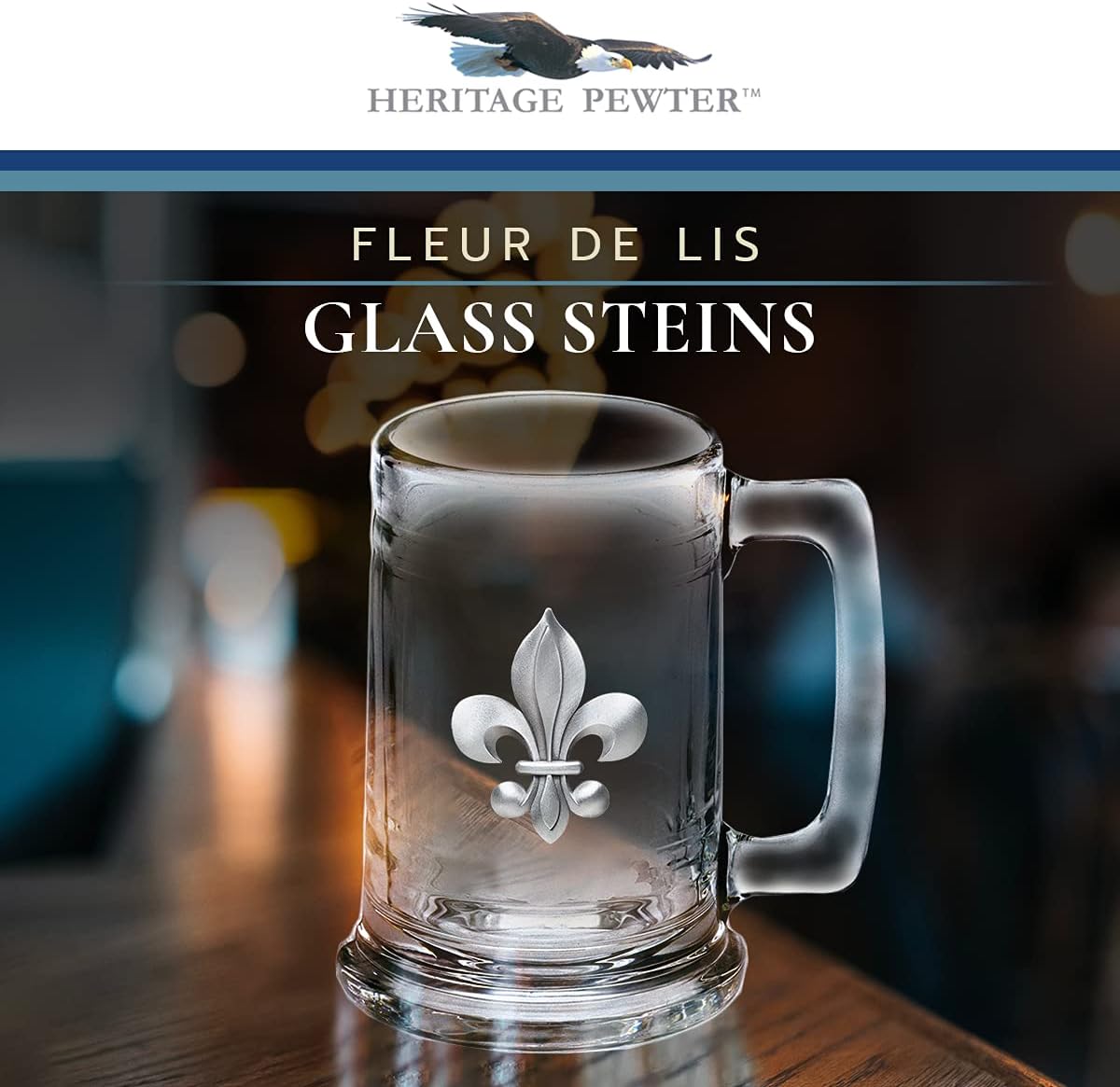 Heritage Pewter Fleur de Lis Beer Stein Glass | 15 Ounce German-Style Beer Glass | Intricately Crafted Metal Pewter Alma Mater Inlay