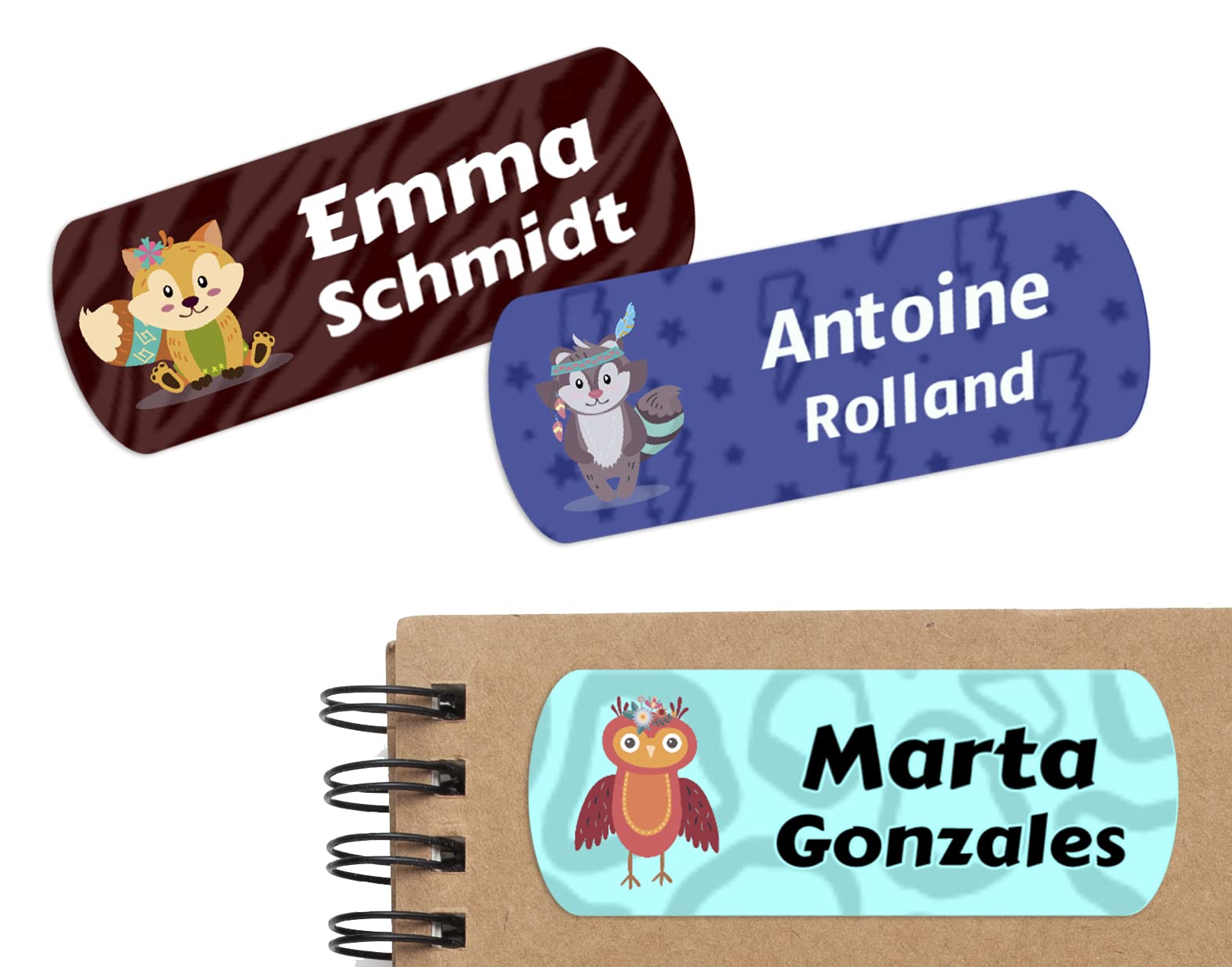 45 Etiquetas Adhesivas Personalizadas con Animales Simpáticos para marcar objetos, libros, fiambreras, etc. Medida 5 x 2 cm