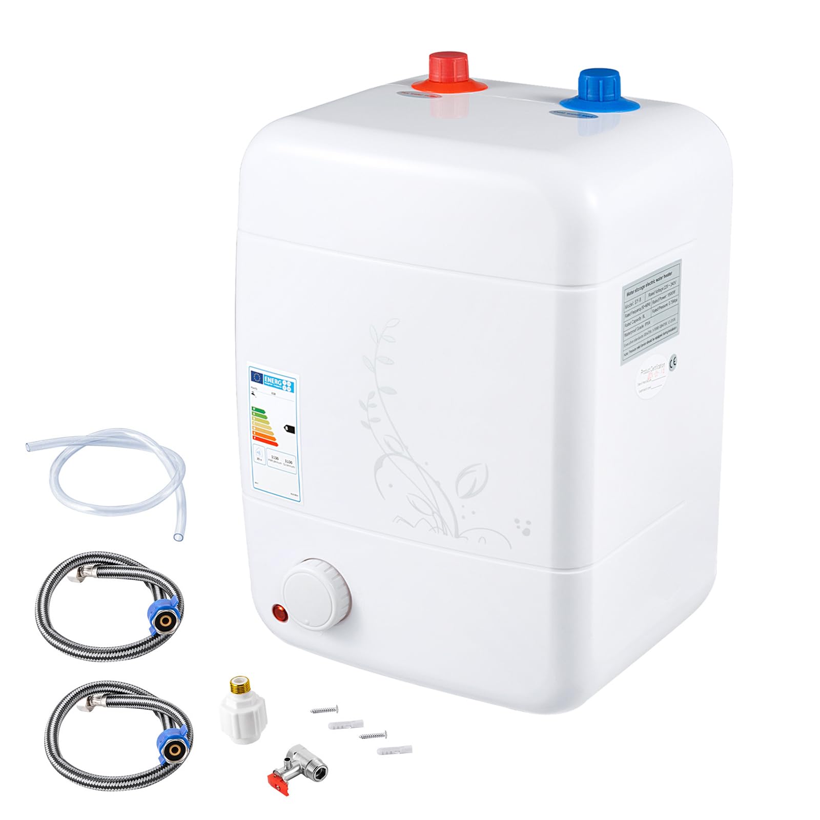Chauffe-eau sous évier 8 l 1500 W Petit réservoir d'eau chaude résistant à la pression Réservoir d'eau chaude de cuisine Résistant à la pression Température réglable 30-65 °C [Classe