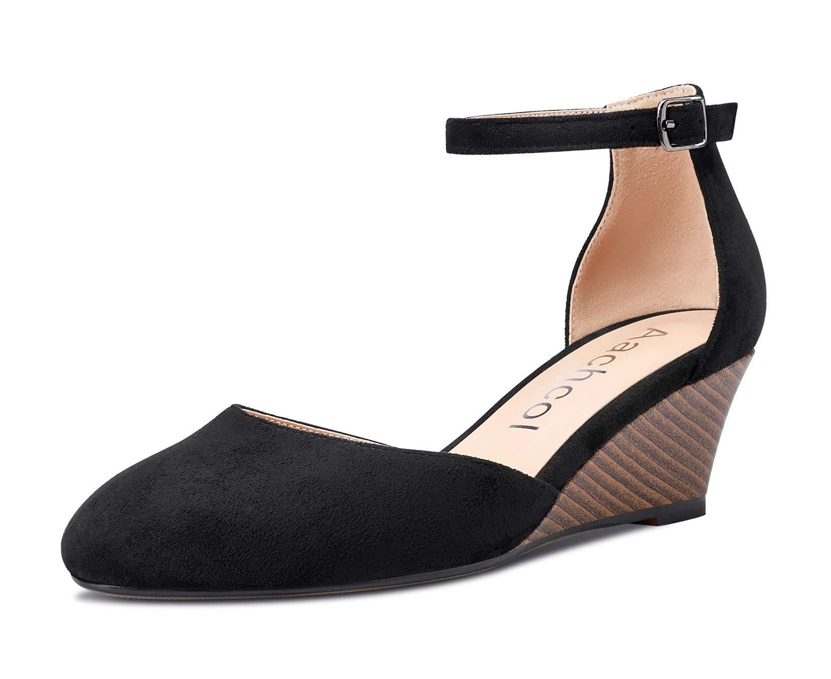 Aachcol Women Ankle Strap Pumps D'Orsay Two-Piece Mid Wedge Heel Close Round Toe Dress Shoes Wedding Party 2 Inches