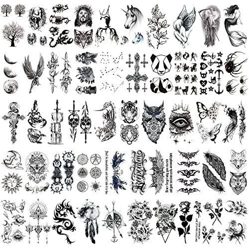 Flyftrey 50 Blätter Tiny Waterproof Temporäre Tattoos, Schwarz Fake Tattoo Aufkleber Gesicht Hals Arm Kinder Tattoo Blumen Stern Engel für Kinder Erwachsene Männer und Frauen Cover