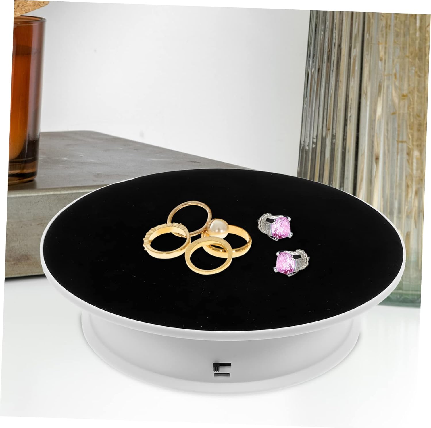 Electric Rotating Display Stand 360° Adjustable Speed Turntable for Jewelry Cake and Art Desktop Rotatable Plate Mute Function for Photography and Showcasing