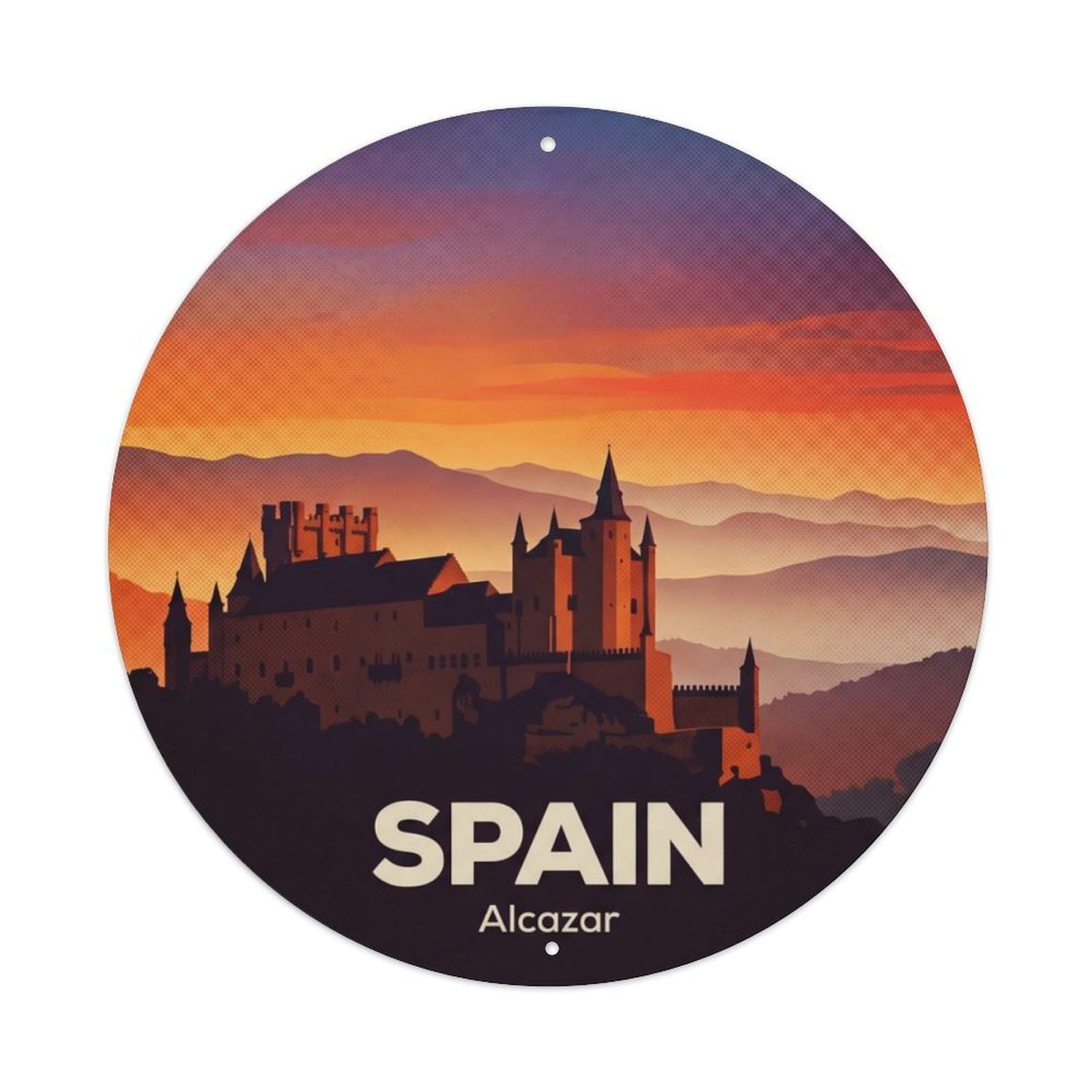 Vintage Travel Spain Alcazar Castile Metal Tin Sign Plaque Wall Decor for Cafe, Club, Garden Round Metal Poster 8x8Inch
