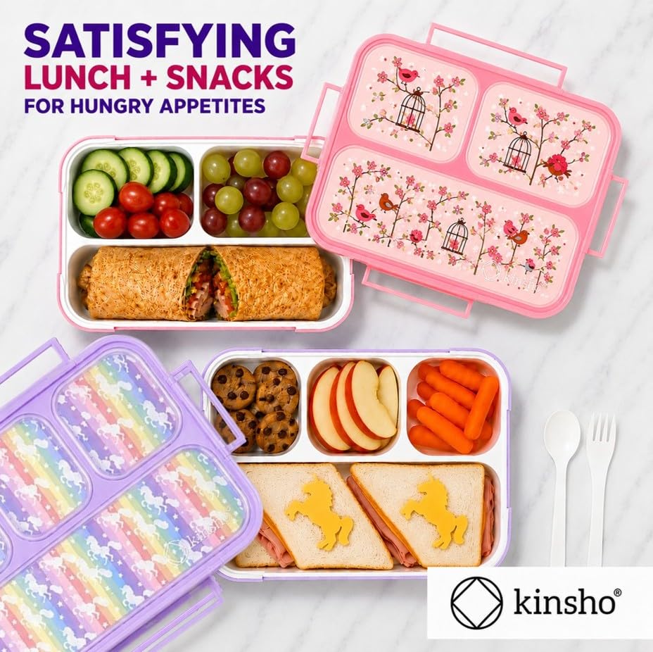 Image of kinsho Bento Box Lunch Boxes for Kids Girls, Meal and Snack Containers for Toddler Daycare, School Travel, Loncheras Para Ninas, Utensils Included (Purple Rainbow Unicorn + Pink Flowers, 2 Pack Set)