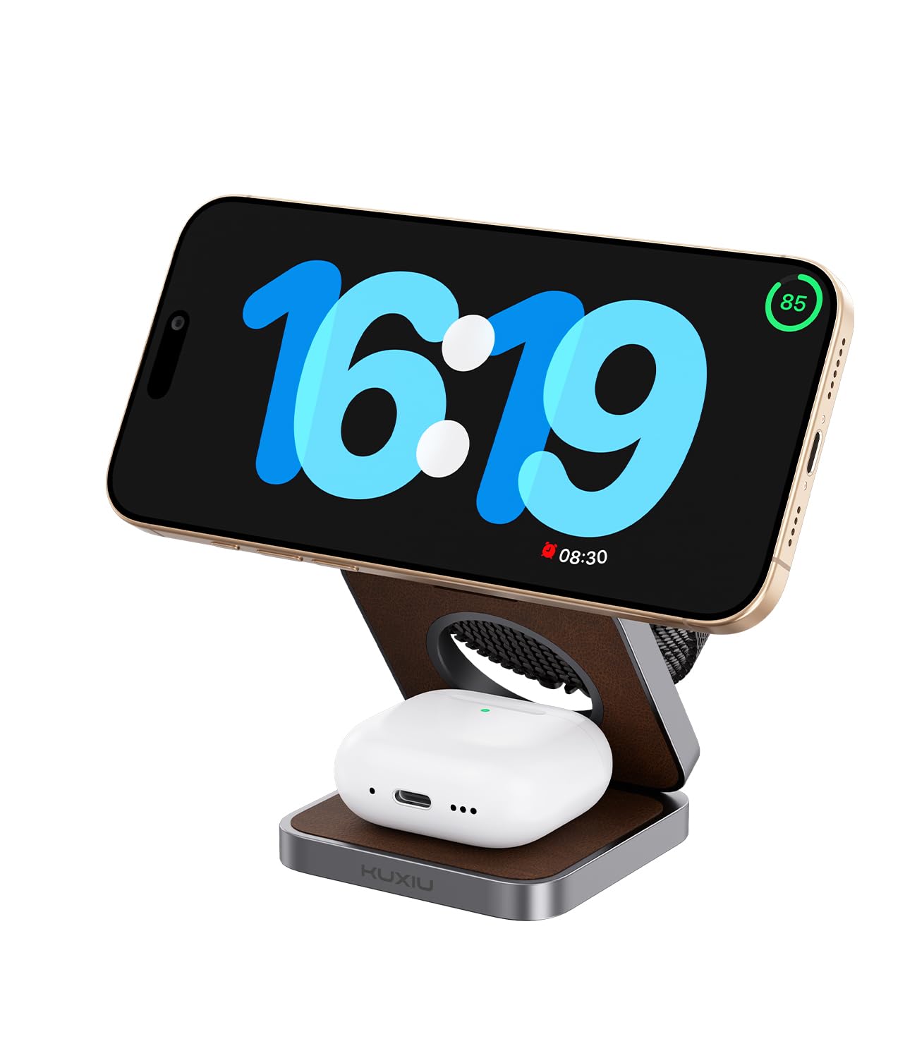 Foldable Magnetic Wireless Charger, KU XIU X40 Aluminum Alloy 3 in 1 Charging Station for Apple, Fast Charging Travel Charger for iPhone 16 15 14 13, 5W for Apple Watch Ultra, AirPods, Leather Texture