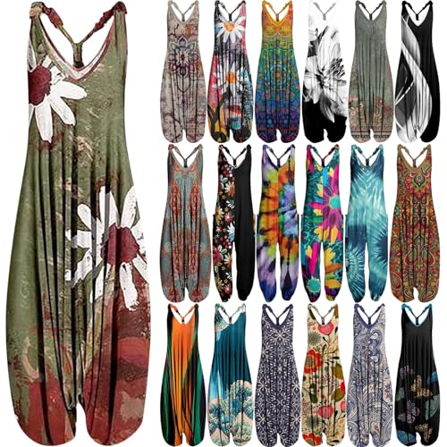 OIOLOYJM Summer Plus Size Boho Overalls for Women 2025 Fashion Jumpsuits Loose Fit Rompers Floral Printed Baggy Harem Pants