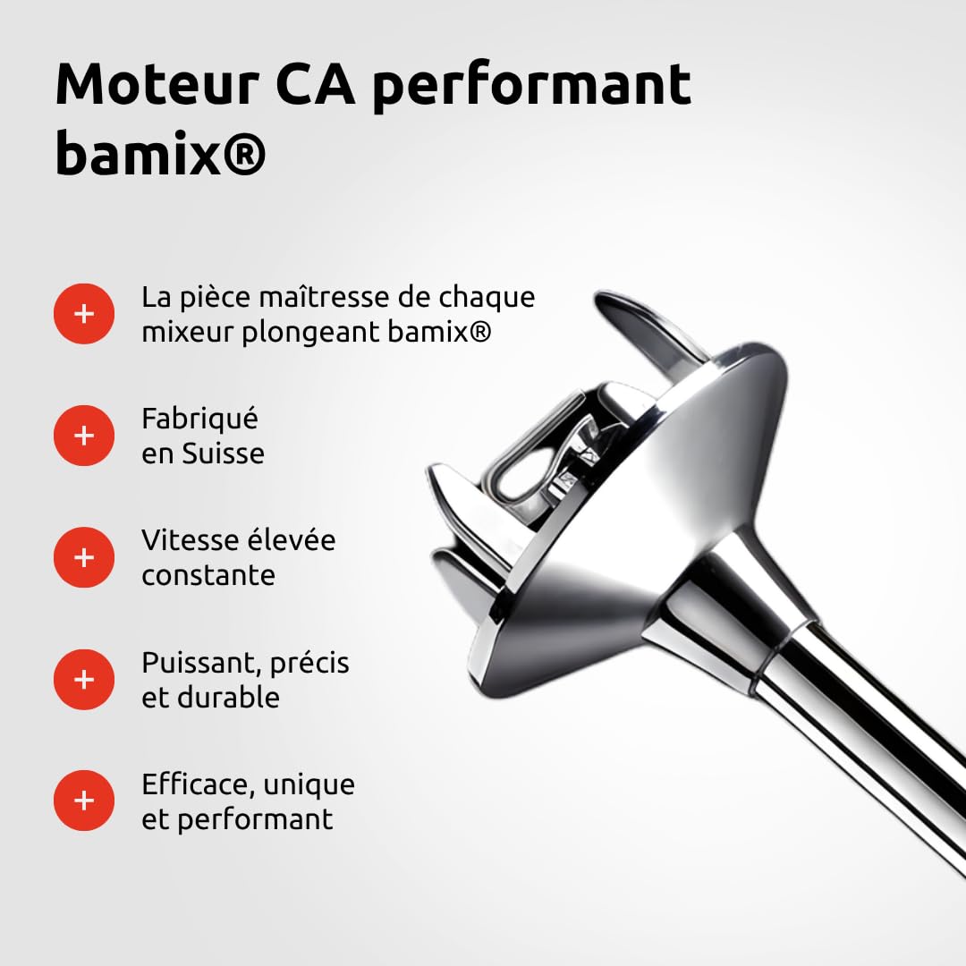 bamix Set mixeur plongeant M350 MAXX avec support, 2 récipients, 4 accessoires, Processeur, Spatule, Brosse de nettoyage, 300 W, Fabriqué en Suisse, Rouge/chrome
