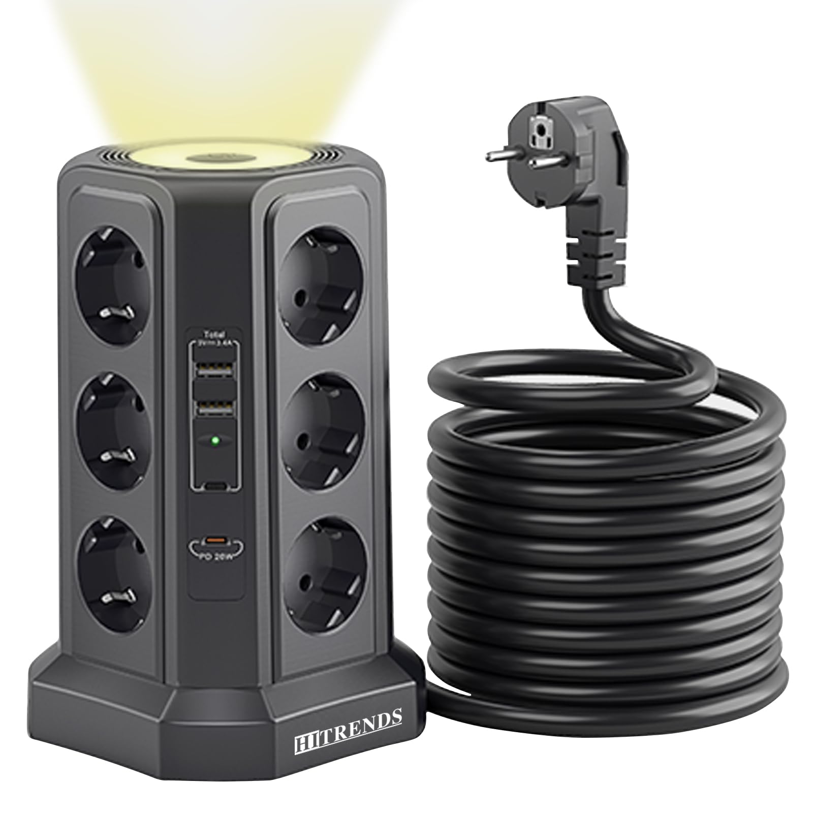 Ciabatta elettrica a 12 prese con 2 USB-A e 2 USB-C, 4000 W LED con interruttore, cavo da 1,8 m, torre con protezione da sovratensione (nero)