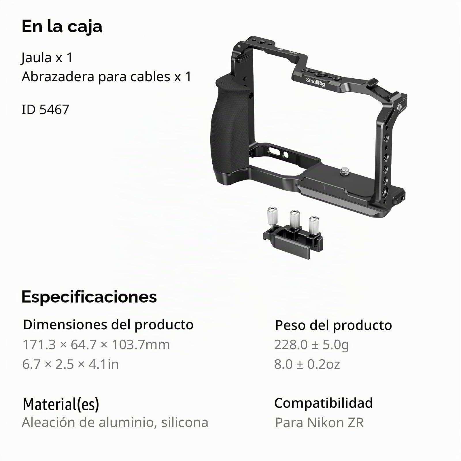 SMALLRIG Jaula para Nikon ZR con Empuñadura de Silicona y Clip para HDMI, Aleación de Aluminio, Zapata Fría y Placa QR para Arca - 5467