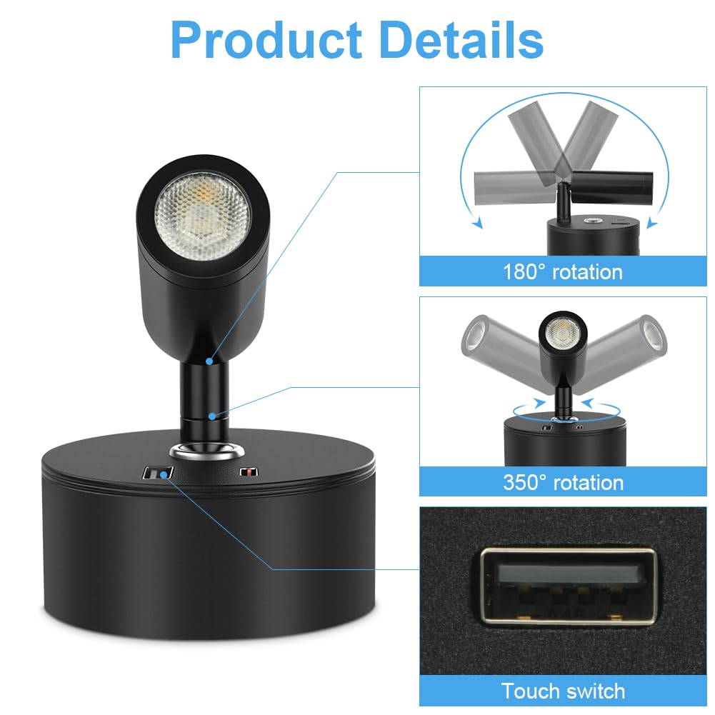 12V LED Leselampe Wohnmobil, 2 Stück Wohnmobil, Wandleuchte Bettlampe mit Schalter Touch Dimmbar, 3 Farbtemperatur Modi mit Ladefunktion USB A+C-Anschlüssen für Auto Wohnwagen Innenbeleuchtung