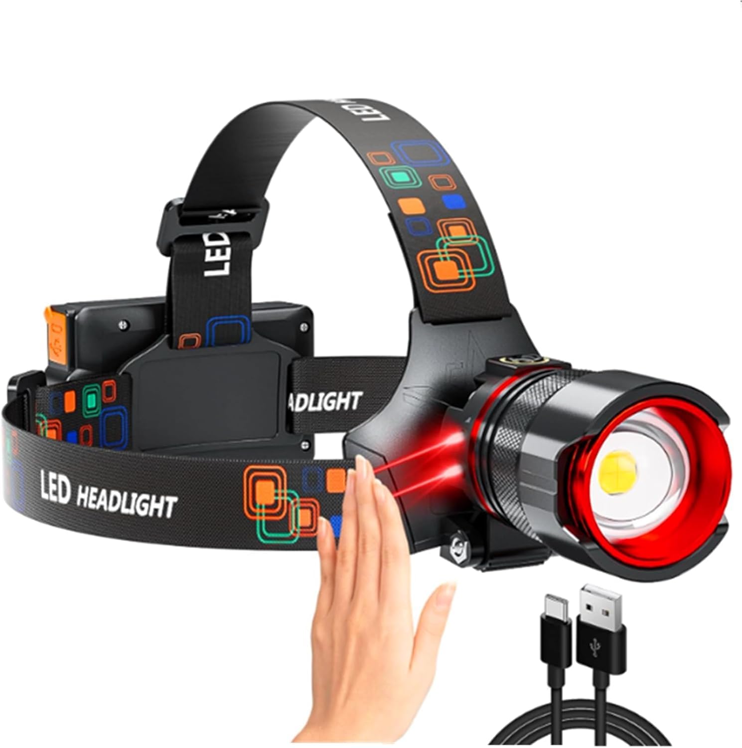 Stirnlampe. USB wiederaufladbare Stirnlampe. Ultrahelle Kopflampe, max. 90.000 lm. Superhelles LED-Stirnlicht. Zoombarer IPX54-Scheinwerfer. Campingzubehör. 4 Modi, wasserdichter Scheinwerfer
