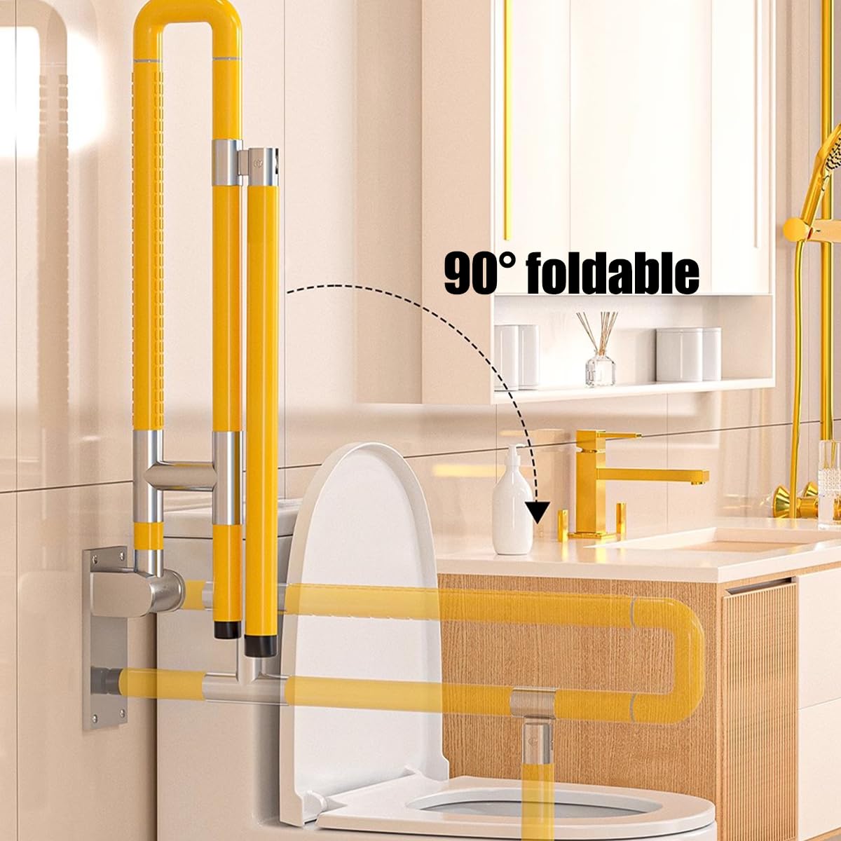 Barras de agarre para discapacitados, barra de seguridad abatible para inodoro con pata, agarre antideslizante, ayuda para ancianos, embarazadas, discapacitadas (tamaño: 70 x 60 cm, color: amarillo)