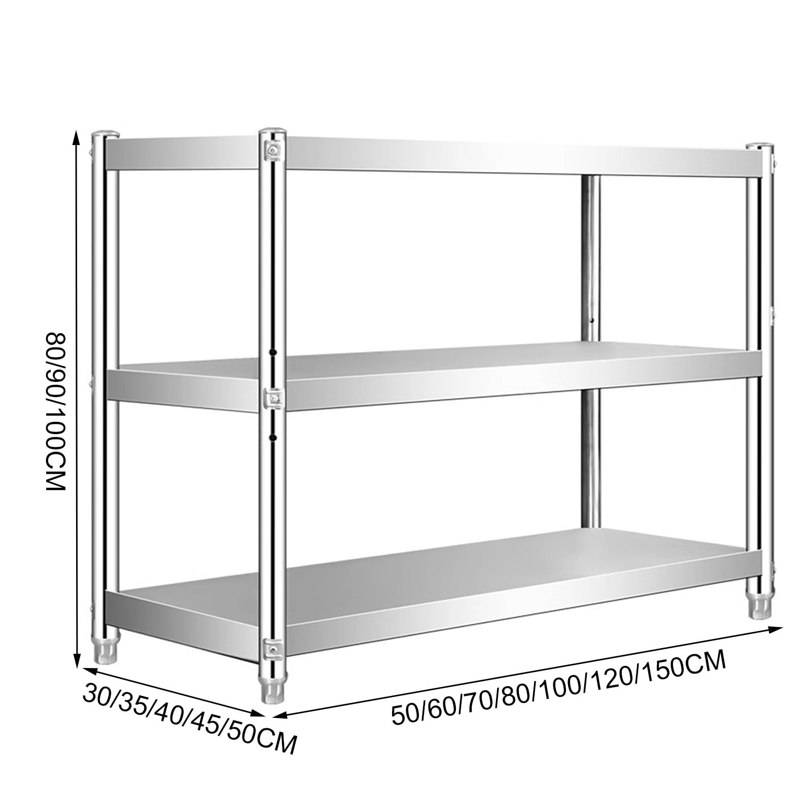 Scaffale regolabile a 3 ripiani in acciaio inox, resistente, per cucina, ristorante, ufficio, garage, officina, casa (70 x 45 x 100 cm)