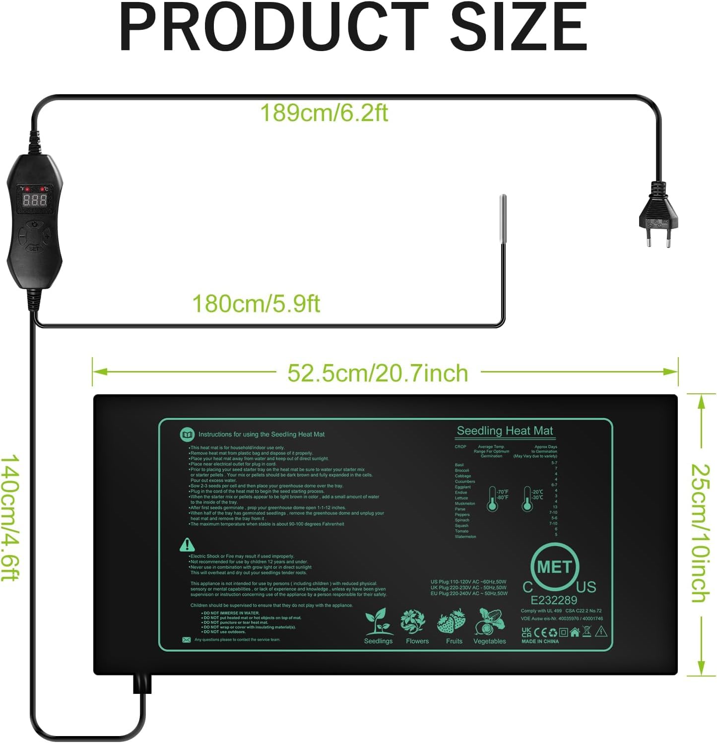Tappetino riscaldante per piante con termostato digitale, 50 W, per piantine, germinazione e animali domestici, 25 cm x 52,5 cm, rettile, tappetino riscaldante con termostato, tappetino riscaldante da