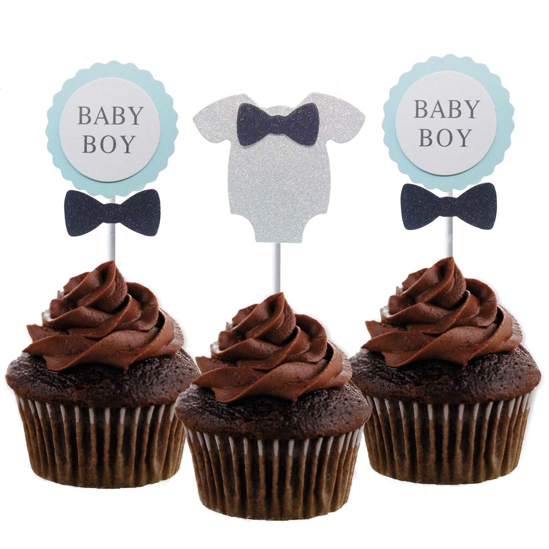 Morndew 24 PCS Baby Boy Cupcake Toppers with Black Bow Tie for Baby