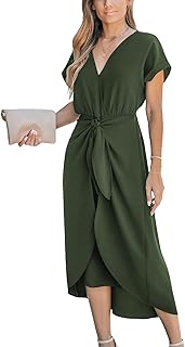 Women's V Neck Wrap Dress Twisted Slit Pleated Waist Tie Short Sleeve Su...