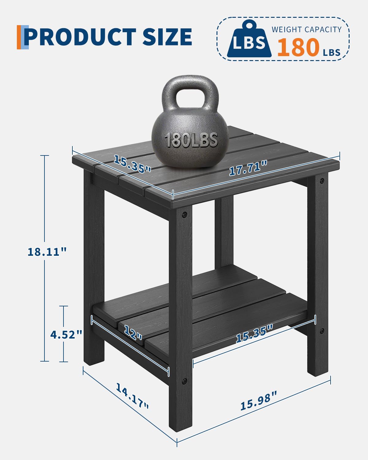 Garvee Mesa Auxiliar Exterior HDPE Efecto Madera 45x38cm, Negro 2 uds