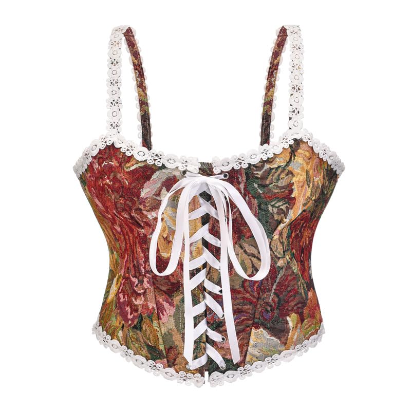 Women’s Jacquard Camisole Corset | Oil Painting Print Boned Body Shaper with Lace & Zipper-image-2