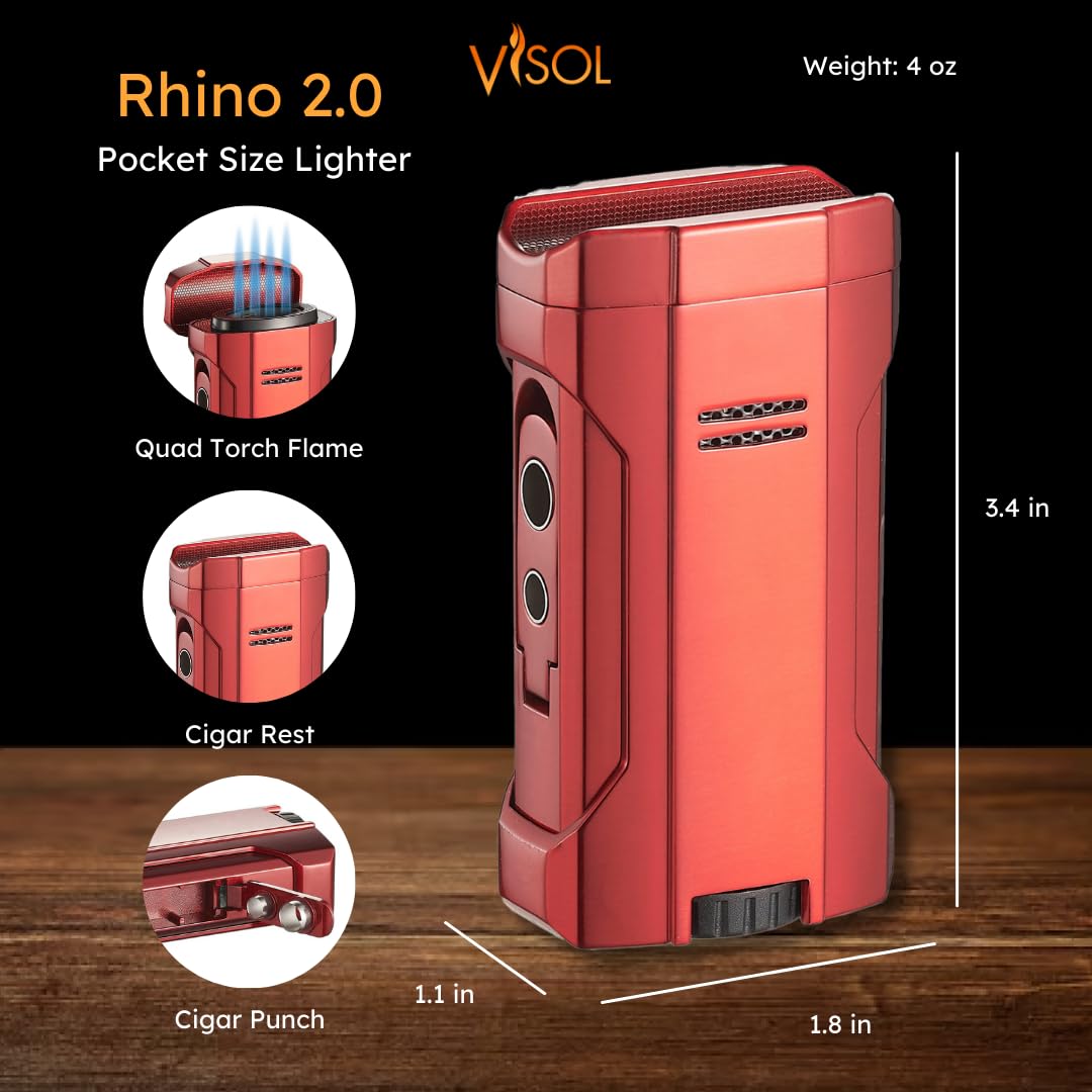 Visol Rhino 2.0 Quad Flame Butane Torch Lighter - Built-in Cigar Rest & Punches, Windproof
