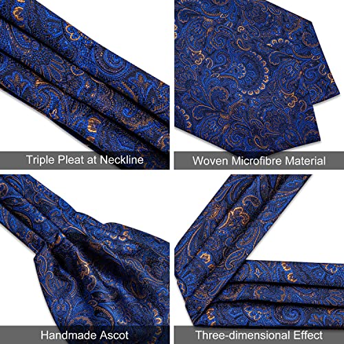 Image of DiBanGu Mens Silk Ascot Ties Paisley Jacquard Woven Cravat and Pocket Square Cufflinks with Lapel Pin for Business Wedding