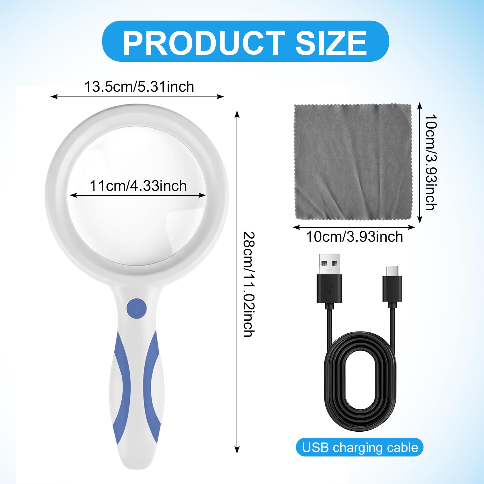 Large Magnifying Glass with 33 LED Light, LED Magnifying Glass Lens, 2X 13X Handheld Illuminated Lighted Magnifier for Seniors Reading, Inspection, Coins, Exploring Close Work (White & Blue) - Image 3