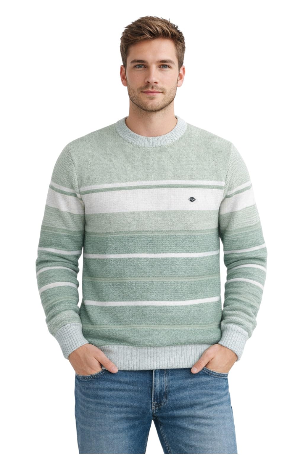 Sparlune Striped Crew Neck Sweater, Mint Green and White, Long Sleeve Knit Pullover for Men and Women-picture-58