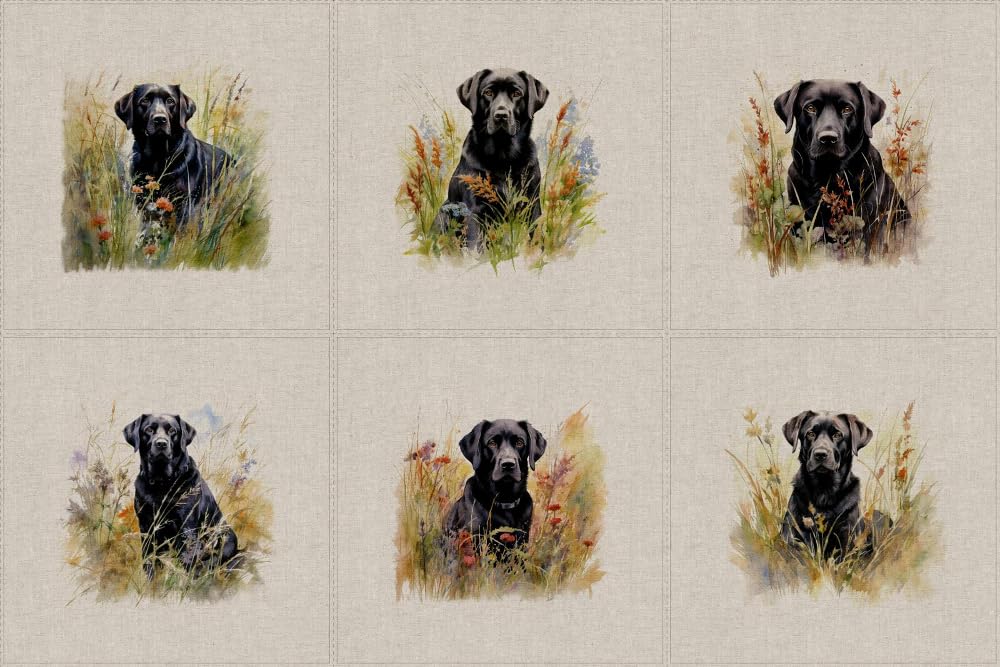 Cotton Rich Linen Look Fabric Black Labrador Retriever Dog Upholstery Panel (Sold Per Panel of 6)