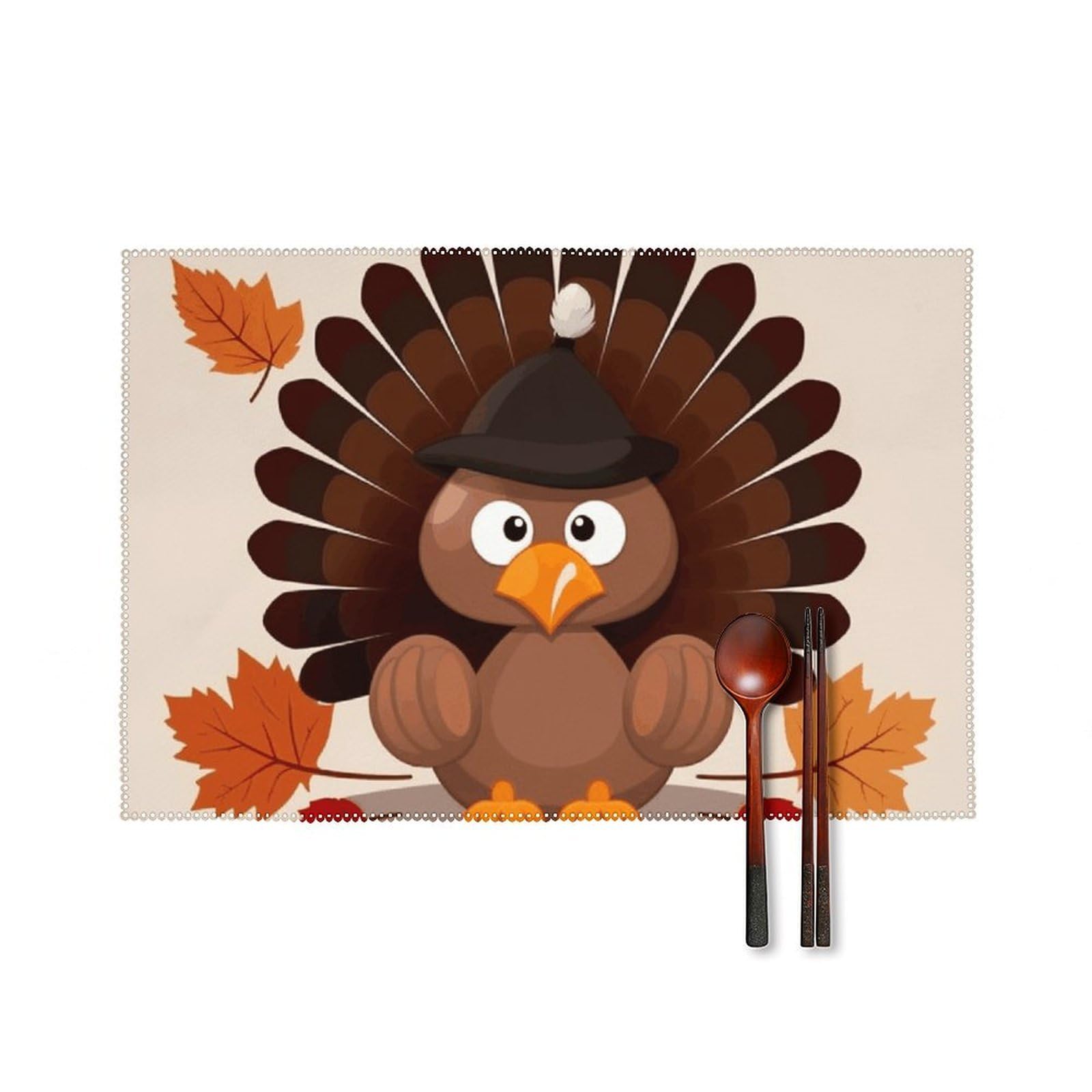 Maple Leaf Dark Brown Turkey Placemats Set of 6, 12x18 Inch Heat Resistant Washable Canvas Table Mats, Stain Resistant Decorative Dining Placemats for Kitchen, Restaurant, Outdoor Party
