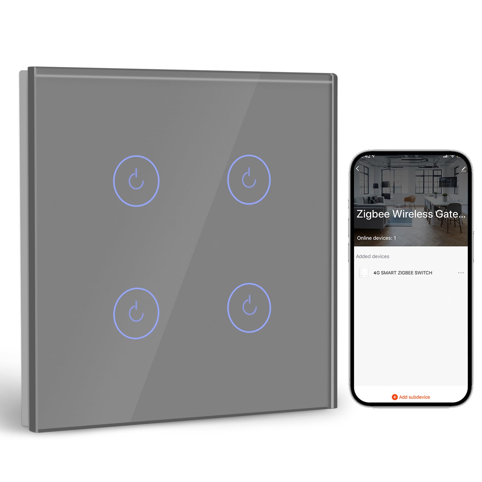 BSEED Smart ZigBee Interruptor 4 Gang 1 Vía, Interruptor de Pared Inteligente con Alexa y Google Home, Interruptor Táctil (Cable Neutro, Hub Gateway necesario) Gris