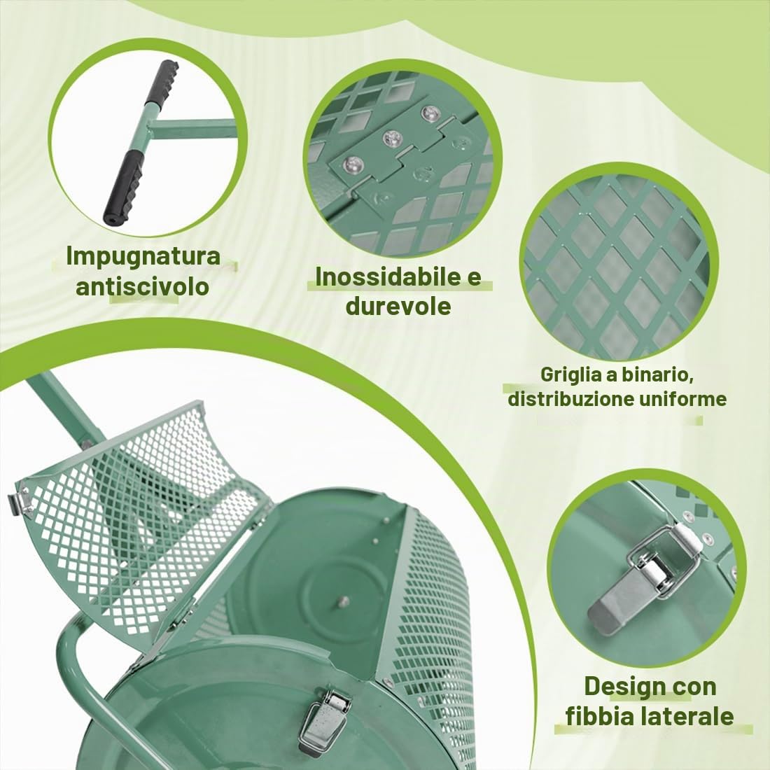 Rullo Spargitore 75L Acciaio Semi Concime per Prato/Giardino Verde Multiuso | Rete Metallica Antiruggine, Tamburo Uniforme per Semina, Separa Particelle, Manico Ergonomic, per Giardino, Pendii, Piani