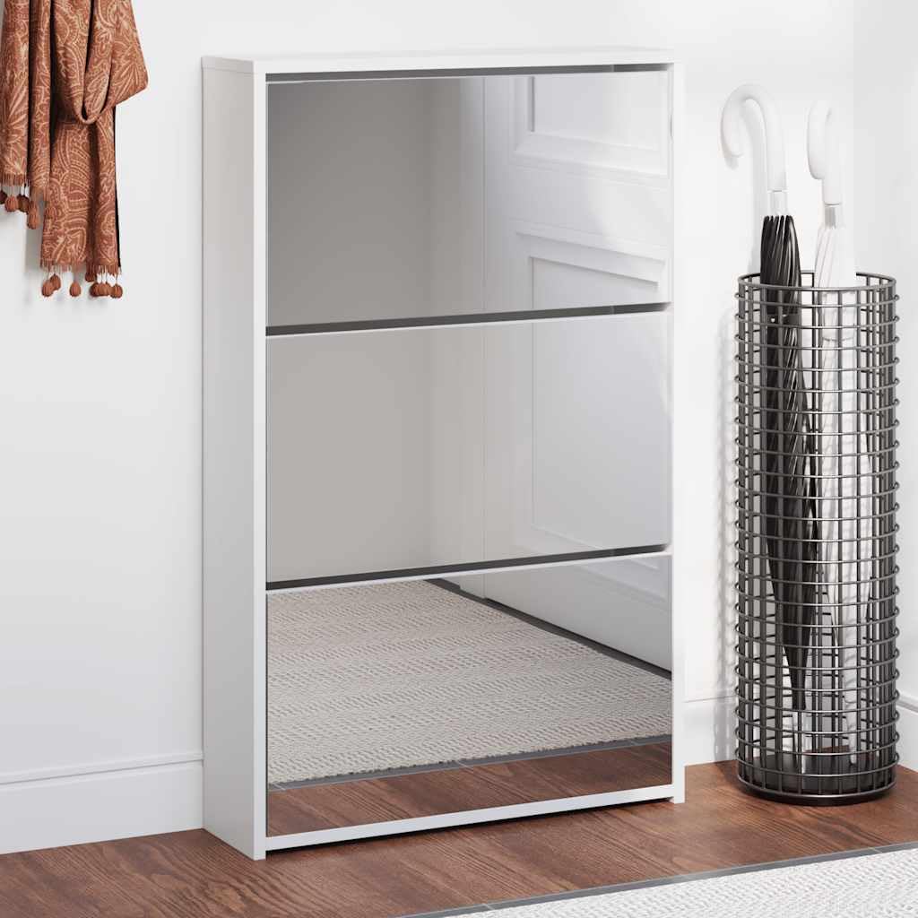 Zapatero con espejo, 3 compartimentos plegables, color blanco, 63 x 17 x 102,5 cm, ahorro de espacio, almacenamiento de zapatos de madera para pasillo, salón, dormitorio