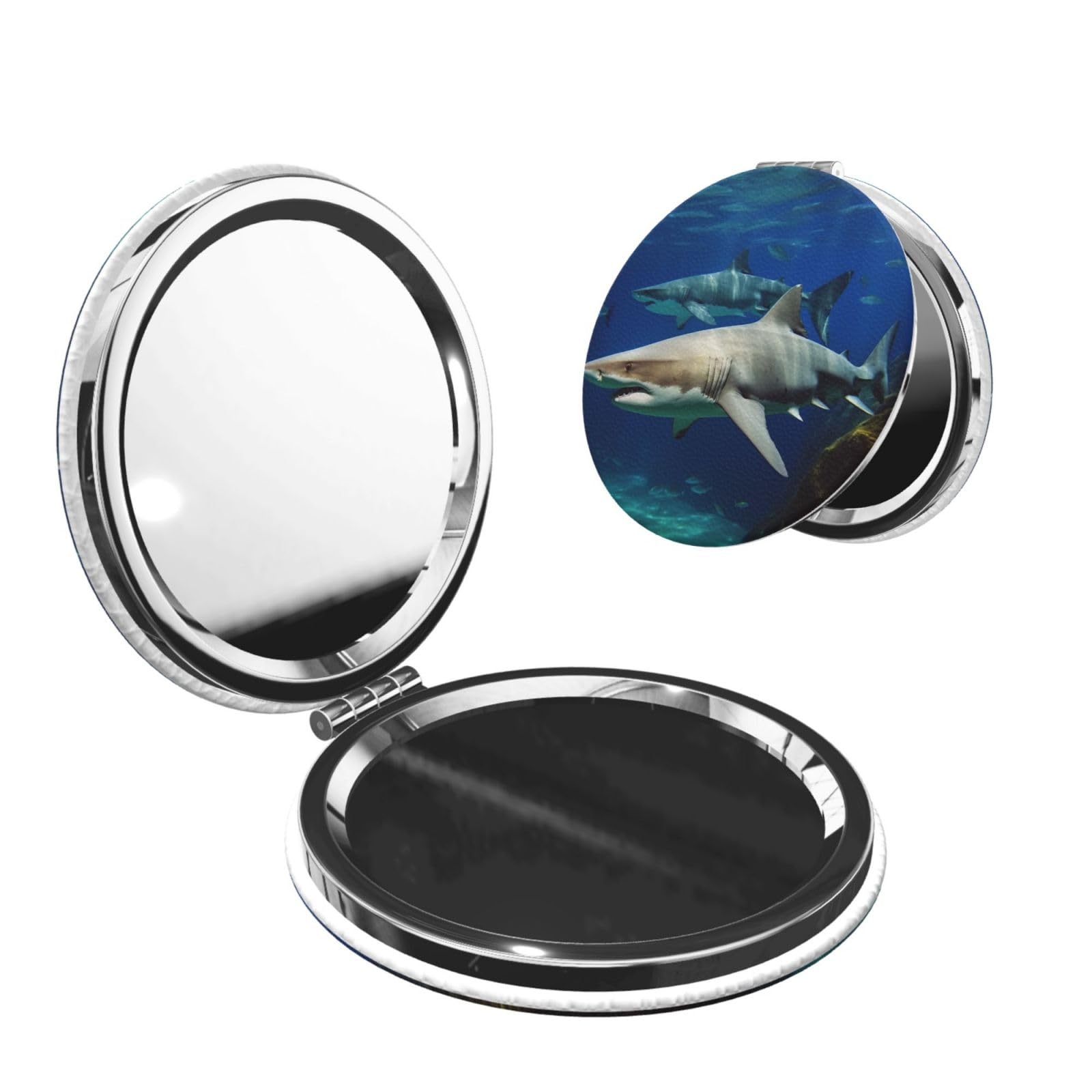 DWVTSLH Two White Sharks Compact Mirror for Purse, Double-Sided 2X/1X Magnifying Mirror for Women Men, Travel Makeup Mirror for Handbag, Handheld Vanity Mirror for Gift