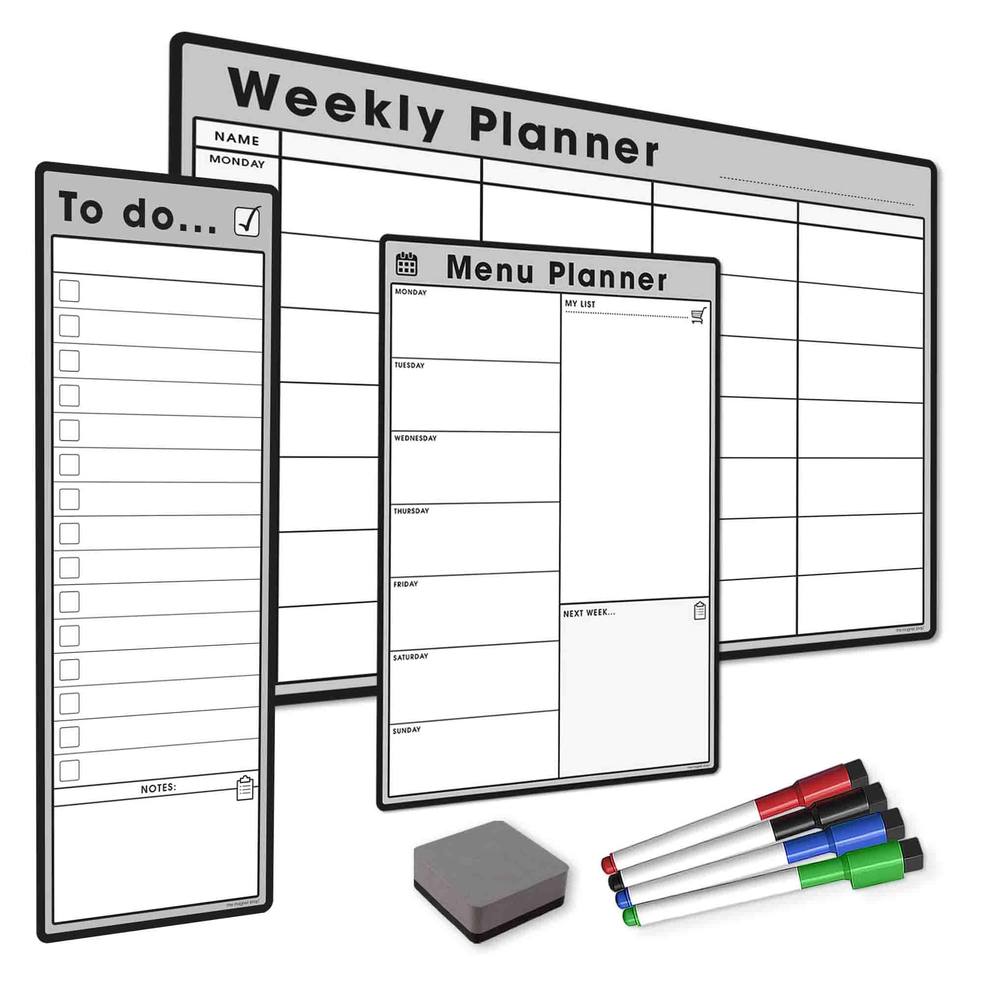 The Magnet Shop #1 Magnetic Whiteboard Planner Pack/Custom Dry Erase Set - Weekly Planner, My List, Monthly Calendar, 4 Dry Wipe Marker Pens, Eraser (Grey, Bundle 3)