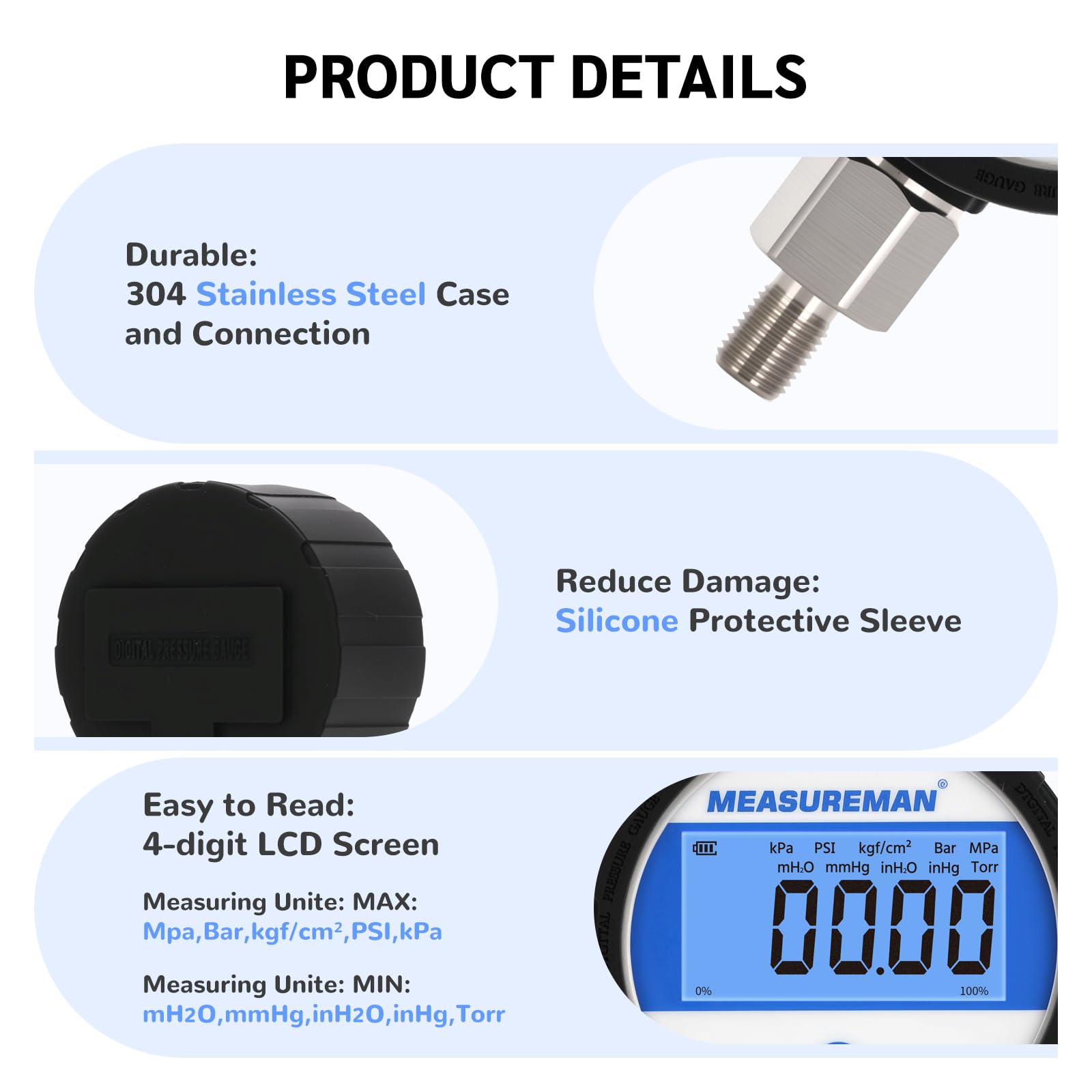 Manomètre industriel numérique, cadran 80 mm, raccord inférieur G1/4", boîtier et raccord en acier inoxydable, 0-10 bar, précision 0,4%, alimenté par batterie, avec éclairage LED.